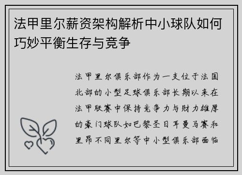 法甲里尔薪资架构解析中小球队如何巧妙平衡生存与竞争